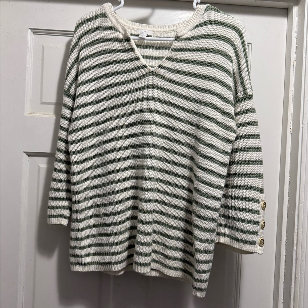 J. Jill Green and White Striped V-Neck Sweater